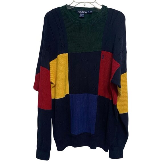 Nautica Sweater Mens XL Red Blue Yellow Green Color Block Cotton Y2K Vintage 90s - Picture 1 of 5
